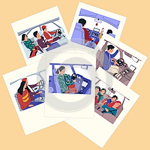 Car ride cards. People drive transport. Photos composition. Person at auto wheel. Family with children in vehicle salon