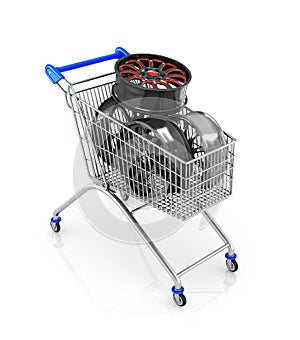 The car rims in shopping cart,