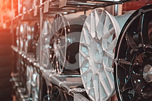 Car rims or wheels in store, rows of new alloy automobile disks