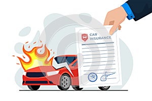 Car in road accident, break down, burn and insurance agent hand hold policy. Contract for guarantee of repairs or