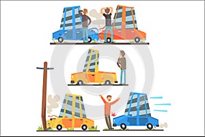 Car Road Accident Resulting In Transportation Damage Set Of Stylized Cartoon Illustrations