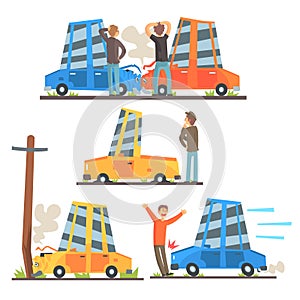 Car Road Accident Resulting In Transportation Damage Set Of Stylized Cartoon Illustrations