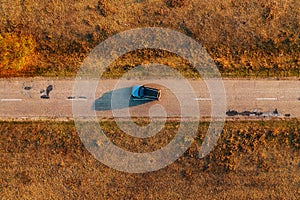 Car on the road through autumn countryside, aerial view