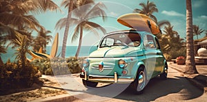 car road beach summer vacation travel retro vintage tropical trip. Generative AI.