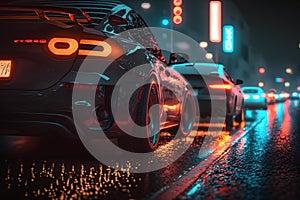 Car on the road in the city at night. 3d rendering