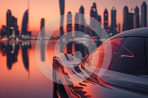 Car on the road with cityscape background at sunset,