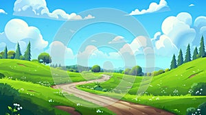 A car road in fields with green grass and a forest on the horizon. Modern illustration of summer countryside landscape