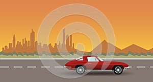 Car Road Landscape City on Sunset. Flat Vector Illustration