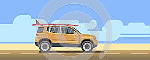 Car on road landscape side view. Travel illustration