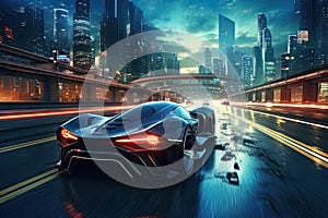 car on the road with motion blur and cityscape background, 3d render, AI Generated