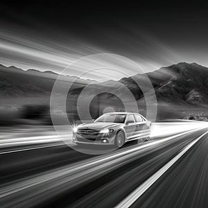 Car on the road with motion blur effect - black and white image