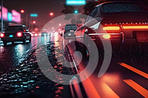Car on the road at night with heavy rain. 3D rendering