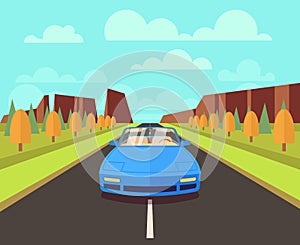 Car on road with outdoor landscape. Vector flat travelling concept background