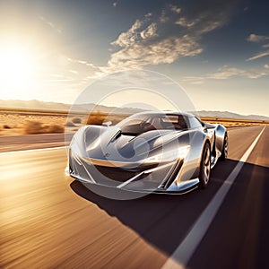 car on the road sleek, silver supercar accelerating down the landing strip under the radiant afternoon sun, Generative AI