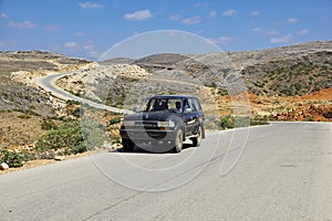The car on the road on Socotra island, Indian ocean, Yemen