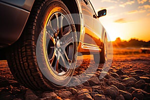 Car on the road at sunset. Close-up of the wheel