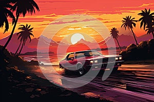 Car on the road at sunset. Pop art illustration poster design. Generative Ai