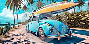car road trip vacation vintage travel beach retro summer tropical. Generative AI.