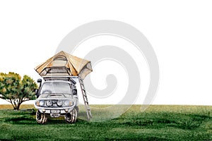 Car with roof top tent on grass with a tree. 4WD truck. Camping card design for adventure, tourism, outdoors, 4x4 off-roading.