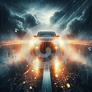 A car's headlights shine brightly on a wet road during a heavy downpour