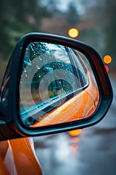 A car's rear view mirror is fogged up with raindrops. Generative AI