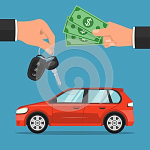 Car sale concept. Dealer giving keys chain to a buyer hand. Customer pays for a car. vector illustration in flat style modern