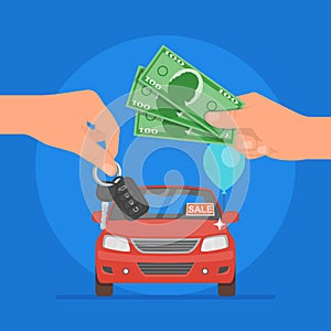 Car sale vector illustration. Customer buying automobile from dealer concept. Salesman giving key to new owner.