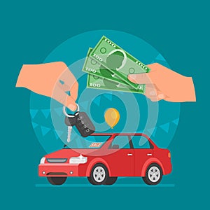 Car sale vector illustration. Customer buying car from dealer concept. Salesman giving key to new owner.