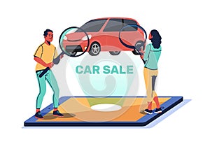 Car sales website, man and woman choosing car. People hold magnifier glasses. Customer buying automobile on sale