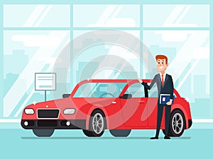 Car salesman in dealer showroom. New cars sales, happy seller shows premium vehicle to buyer cartoon concept