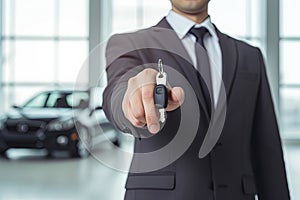 Car salesman giving key to new owner or customer over car dealership background. Generative AI