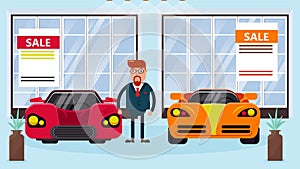 Car salesman manager stands between two cars for sale vector illustration.