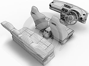 Car salon in the form of a grid.3D illustration