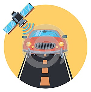 Car and satellite circle icon with shadow