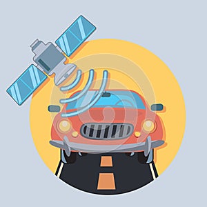Car and satellite circle icon with shadow