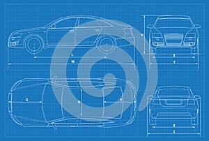 Car schematic or car blueprint. Vector illustration. Sedan car in outline. Business sedan vehicle template vector. View