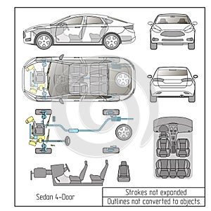 Car sedan interior parts engine seats dashboard drawing outlines not converted to objects photo