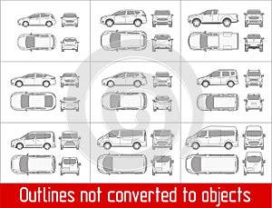 Car sedan and suv and van all view drawing outlines not converted to objects