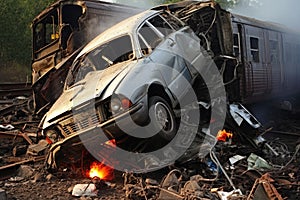 A car is seen sitting on a mound of debris and wreckage in a city environment, Train crashes into a car, AI Generated