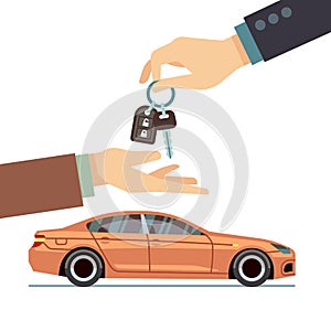Car seller hand giving key to buyer. Buying or renting business vector concept