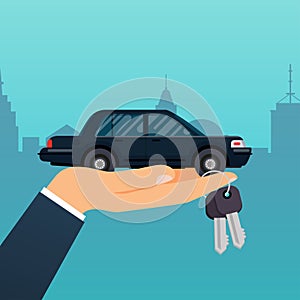 Car seller hand holding key to buyer. Selling, leasing or renting car service. Flat design modern vector illustration concept.