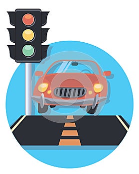 Car and semaphore circle icon with shadow