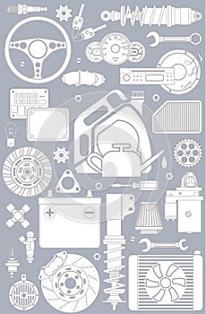 Car service and auto parts icons on gray background