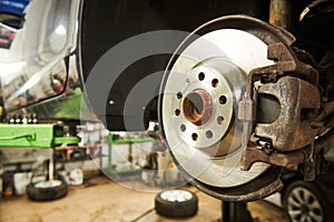 Car service or automobile maintenance. Disc and brake replacement