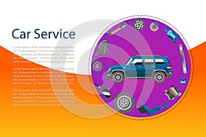 Car service banner with engine, wheel, brakes and auto carcass vector illustration. Auto diagnostics test service