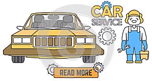 Car service banner. Mechanic worker in car repair shop. Flat vector illustration in cartoon style.