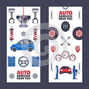 Car service banners, vector illustration. Professional auto maintenance center, vehicle repair, diagnostics and tuning