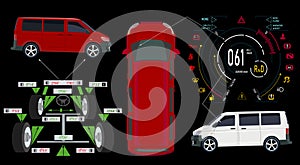 Car service. Bus. Digital automotive dashboard of a modern car. Graphic display, diagnostics wheel alignment