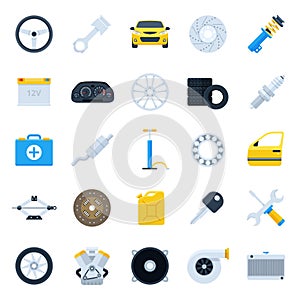 Car service cartoon icons set. Repair and maintenance Illustration. Colorful flat vector illustrations of car parts