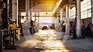 car service center auto repair workshop blurred panoramic background. Generative Ai